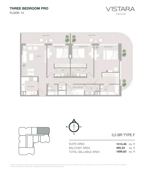 في1ستارا هاوس: مخطط الطابق Type F, 1,899 sq ft