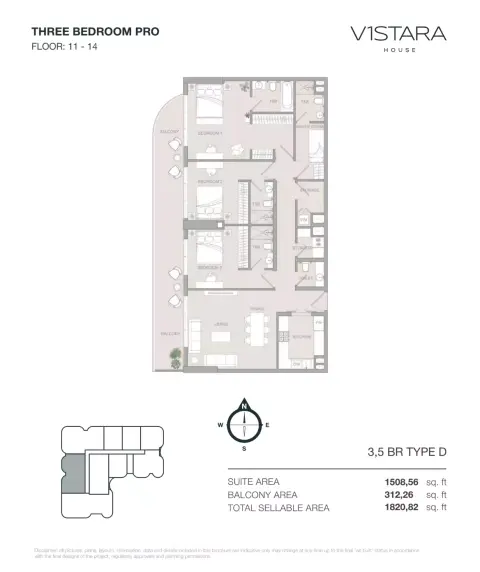 في1ستارا هاوس: مخطط الطابق Type D, 1,820 sq ft
