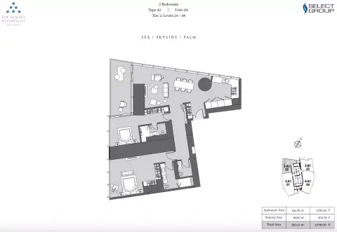 Six Senses Residences Dubai Marina: Floor plan Type A, 2,008 sq ft