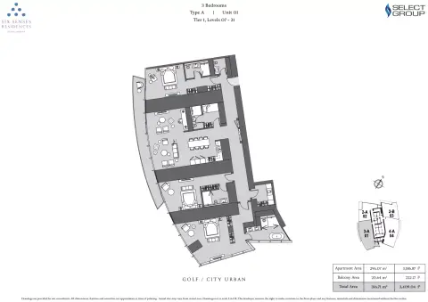 Six Senses Residences Dubai Marina: Floor plan Type A, 3,409 sq ft