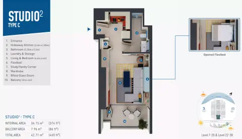 Rove Home Dubai Marina: Type C, 460 sq ft 户型图