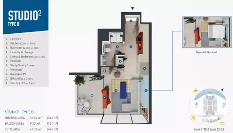 Rove Home Dubai Marina: Type B, 444 sq ft 户型图