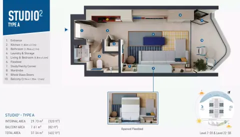 Rove Home Dubai Marina: Type A, 402 sq ft 户型图