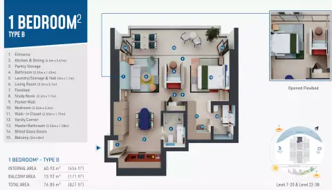 Rove Home Dubai Marina: Type B, 827 sq ft 户型图