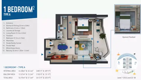 Rove Home Dubai Marina: Type A, 613 sq ft 户型图