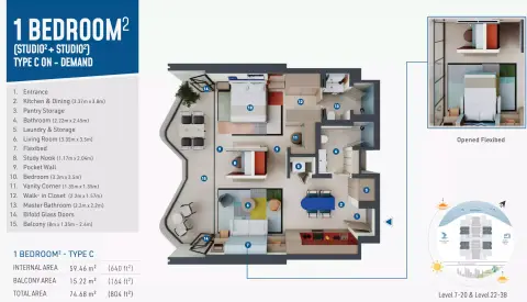 Rove Home Dubai Marina: Type C, 804 sq ft 户型图