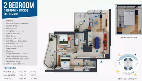 Rove Home Dubai Marina: Type A, 1,064 sq ft 户型图