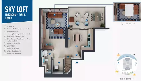 Rove Home Dubai Marina: Type C Sky Loft, 1,361 sq ft 户型图