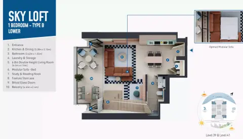 Rove Home Dubai Marina: Type B Sky Loft, 1,095 sq ft 户型图