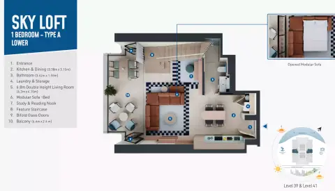 Rove Home Dubai Marina: Type A Sky Loft, 1,130 sq ft 户型图