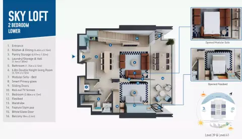 Rove Home Dubai Marina: Type A Sky Loft, 1,511 sq ft 户型图