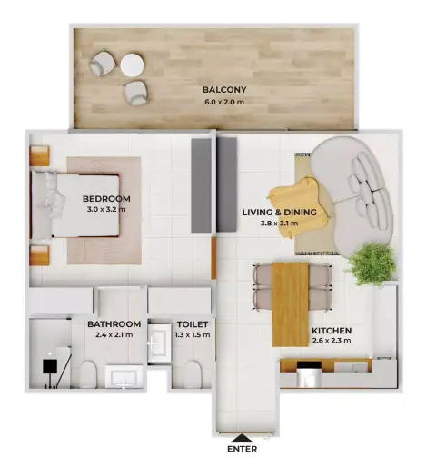Binghatti Elite: Floor plan Type I, 629 sq ft