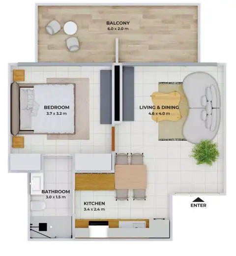 Binghatti Elite: Floor plan Type K, 480 sq ft