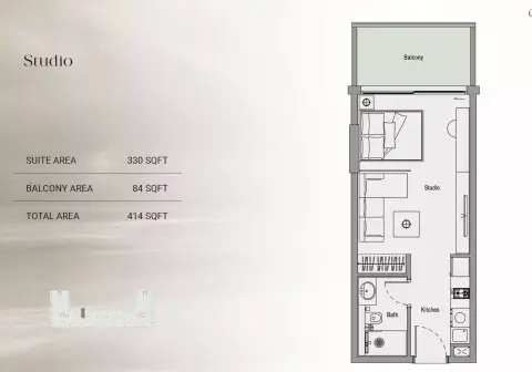 Oxford Cove: Floor plan Type 1, 414 sq ft