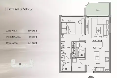 Oxford Cove: Floor plan Type 1 Study, 741 sq ft