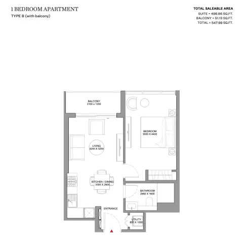 Skyvue Solair: Floor plan Type B, 548 sq ft