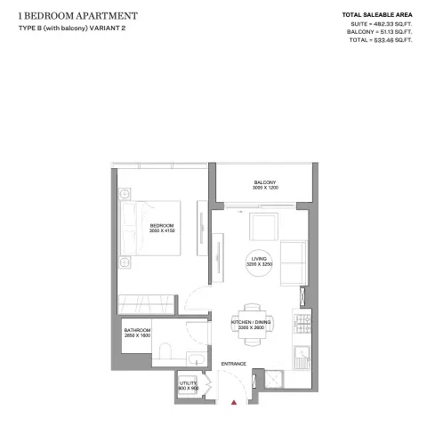Skyvue Solair: Floor plan Type B (with balcony) Variant 2, 533 sq ft