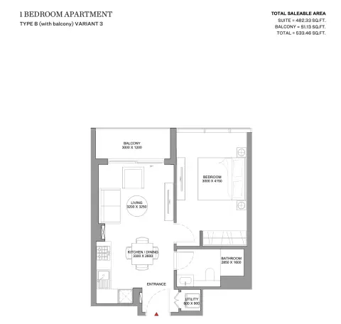 Skyvue Solair: Floor plan Type B (with balcony) Variant 3, 533 sq ft