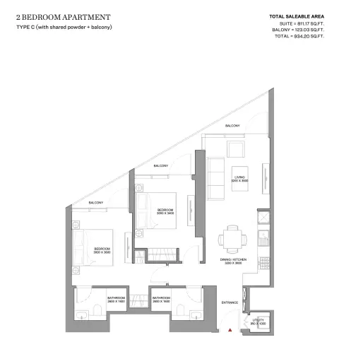 Skyvue Solair: Floor plan Type C (with shared powder + balcony), 934 sq ft