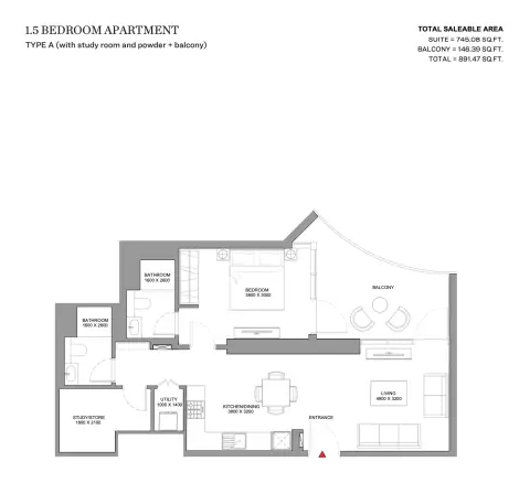 Skyvue Solair: Floor plan Type A (with study room and powder + balcony), 891 sq ft