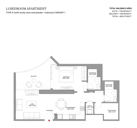 Skyvue Solair: Floor plan Type A (with study room and powder + balcony) Variant 1, 891 sq ft