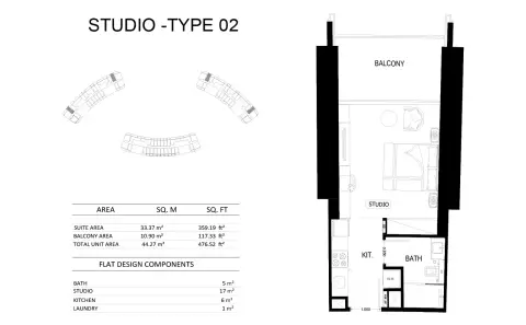 Binghatti Skyrise: Floor plan Type 02, 476 sq ft