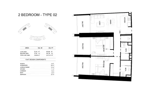 Binghatti Skyrise: Floor plan Type 02, 1,277 sq ft