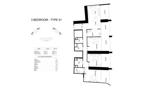 Binghatti Skyrise: Floor plan Type 01, 1,991 sq ft