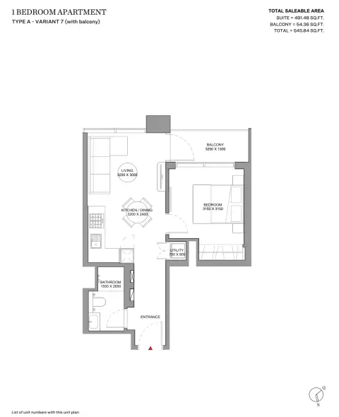 Sobha Solis: Type A - Variant 7 (With Balcony), 545 sq ft 户型图