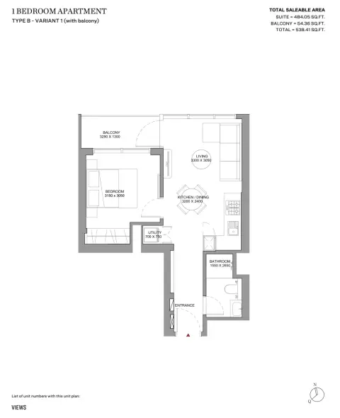 Sobha Solis: Type B - Variant 1 (With Balcony), 538 sq ft 户型图