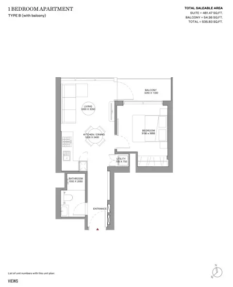Sobha Solis: Type B (With Balcony), 535 sq ft 户型图