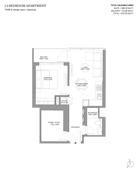 Sobha Solis: Type E (Study Room + Balcony), 637 sq ft 户型图