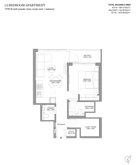 Sobha Solis: Type B (With Powder Room, Study Room + Balcony), 615 sq ft 户型图