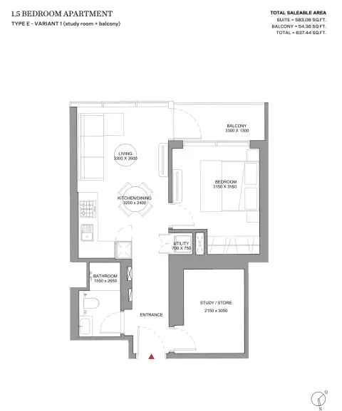 Sobha Solis: Type E - Variant 1 (Study Room + Balcony), 637 sq ft 户型图