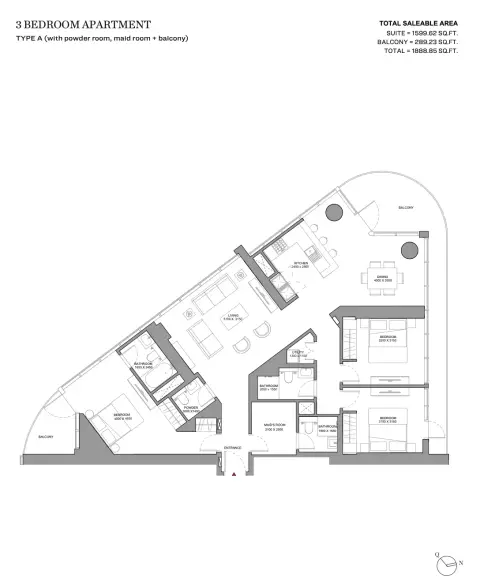 Sobha Solis: Type A (With Powder Room, Maid Room + Balcony), 1,888 sq ft 户型图