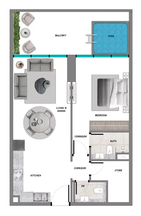 Samana Resorts: Floor plan Type B, 919 sq ft