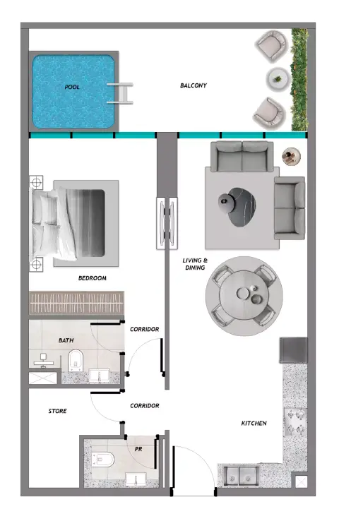 Samana Resorts: Floor plan Type C, 889 sq ft