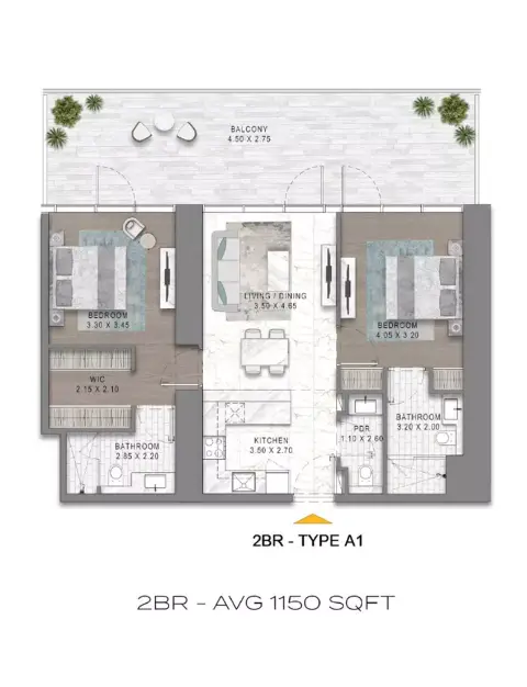 Safa Gate: Floor plan Type A1, 1,150 sq ft