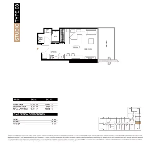 Binghatti Starlight: Floor plan Type 08, 433 sq ft