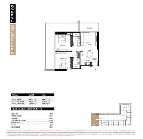 Binghatti Starlight: Floor plan Type 02, 1,371 sq ft