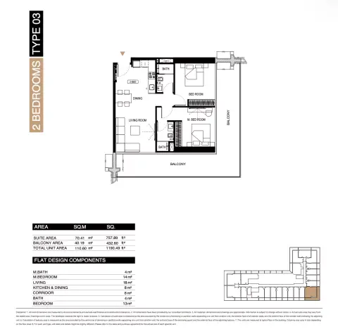Binghatti Starlight: Floor plan Type 03, 1,190 sq ft