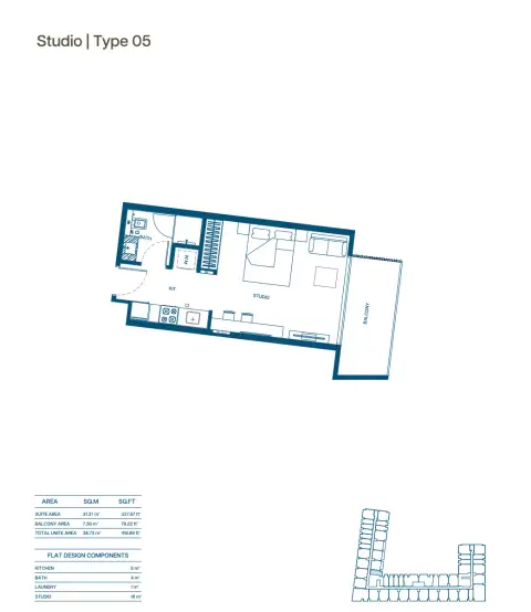 Binghatti Aurora: Floor plan Type 05 Studio, 416 sq ft