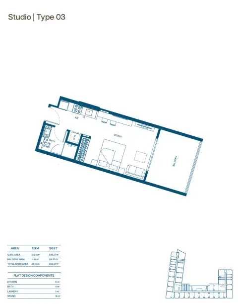 Binghatti Aurora: Floor plan Type 03 Studio, 464 sq ft