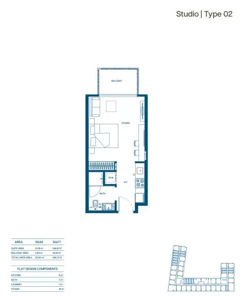 Binghatti Aurora: Floor plan Type 02 Studio, 386 sq ft