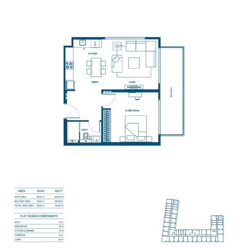 Binghatti Aurora: Floor plan Type 13, 734 sq ft