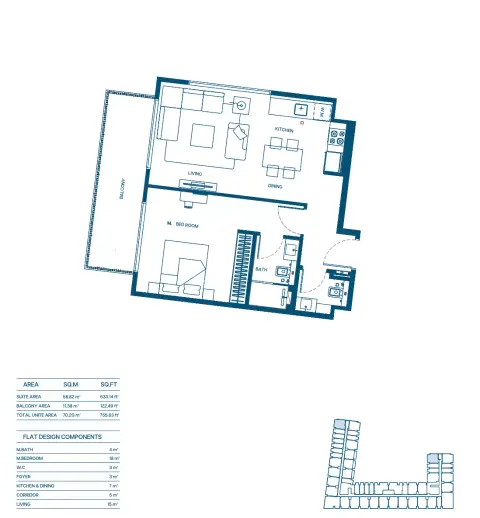 Binghatti Aurora: Floor plan Type 12, 755 sq ft