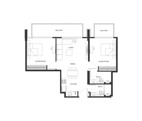 Binghatti Aurora: Floor plan Type 6, 999 sq ft