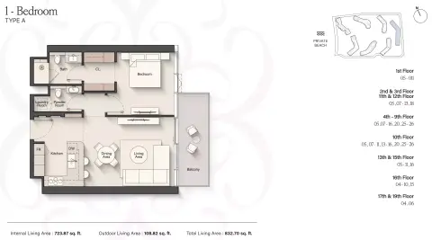 Meriva Sunset: Floor plan Type A, 832 sq ft