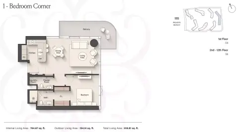 Meriva Sunset: Floor plan Type A Corner, 918 sq ft
