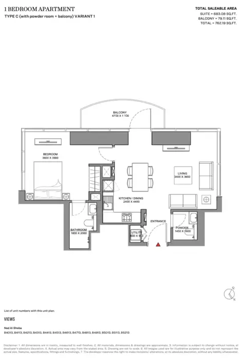 Skyscape Avenue: Floor plan Type C variant1, 762 sq ft